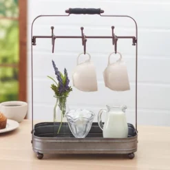 The Lakeside Collection Galvanized Metal Coffee Mug And Cup Holder With Storage Tray -Home Properties GUEST 2943c3fd 704d 4034 b97a d94bb36039ac