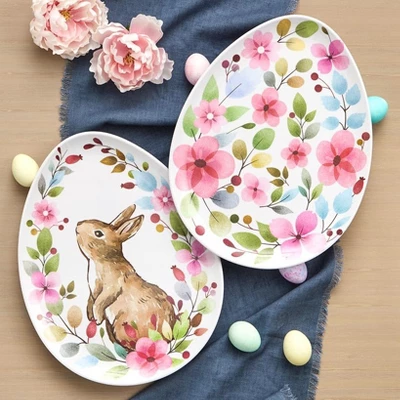 The Lakeside Collection Floral Easter Bunny Tabletop Serving For Entertaining Home Decor - Set Of 2 16'' Serving Platters 4 The Lakeside Collection Floral Easter Bunny Tabletop Serving For Entertaining Home Decor - Set Of 2 16'' Serving Platters - Image 2