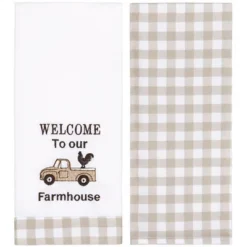 The Lakeside Collection Set Of 2 Farmhouse Plaid Kitchen Towels - Welcome To Our Farm House