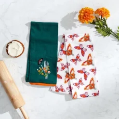 The Lakeside Collection Butterfly And Skeletons Embroidered Set Of 2 Kitchen Towels