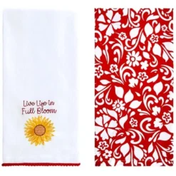 The Lakeside Collection Set Of 2 Summer Floral Embroidered Kitchen Towels - Live Life In Full Bloom -Home Properties GUEST b7bed720 83f4 42d5 b988 aa64c3f1527f