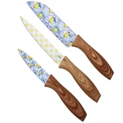 The Lakeside Collection Kitchen Knife Set With Lemon Printed Design And Sheaths Set Of 3