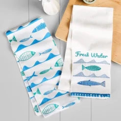 The Lakeside Collection Set Of 2 Gone To The Lake Embroidered Kitchen Towels - Fresh Water