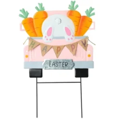 The Lakeside Collection Easter Stake Pink Truck With Bunny Carrots And Happy Easter Sign