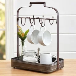 The Lakeside Collection Galvanized Metal Coffee Mug And Cup Holder With Storage Tray -Home Properties GUEST f6091e07 a127 4bc3 9eeb a37a16b2bbae